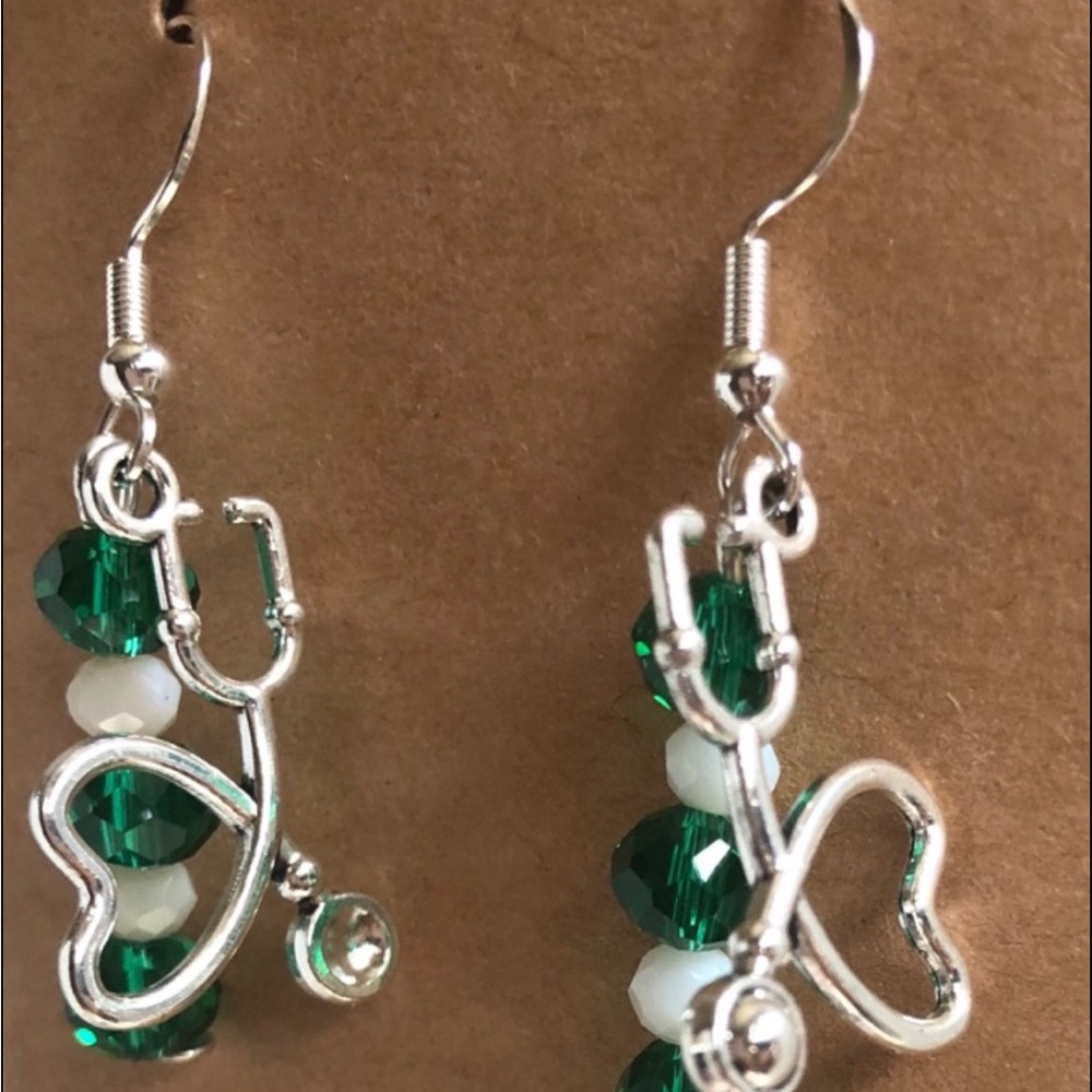 Silver and Green Stethoscope Earrings